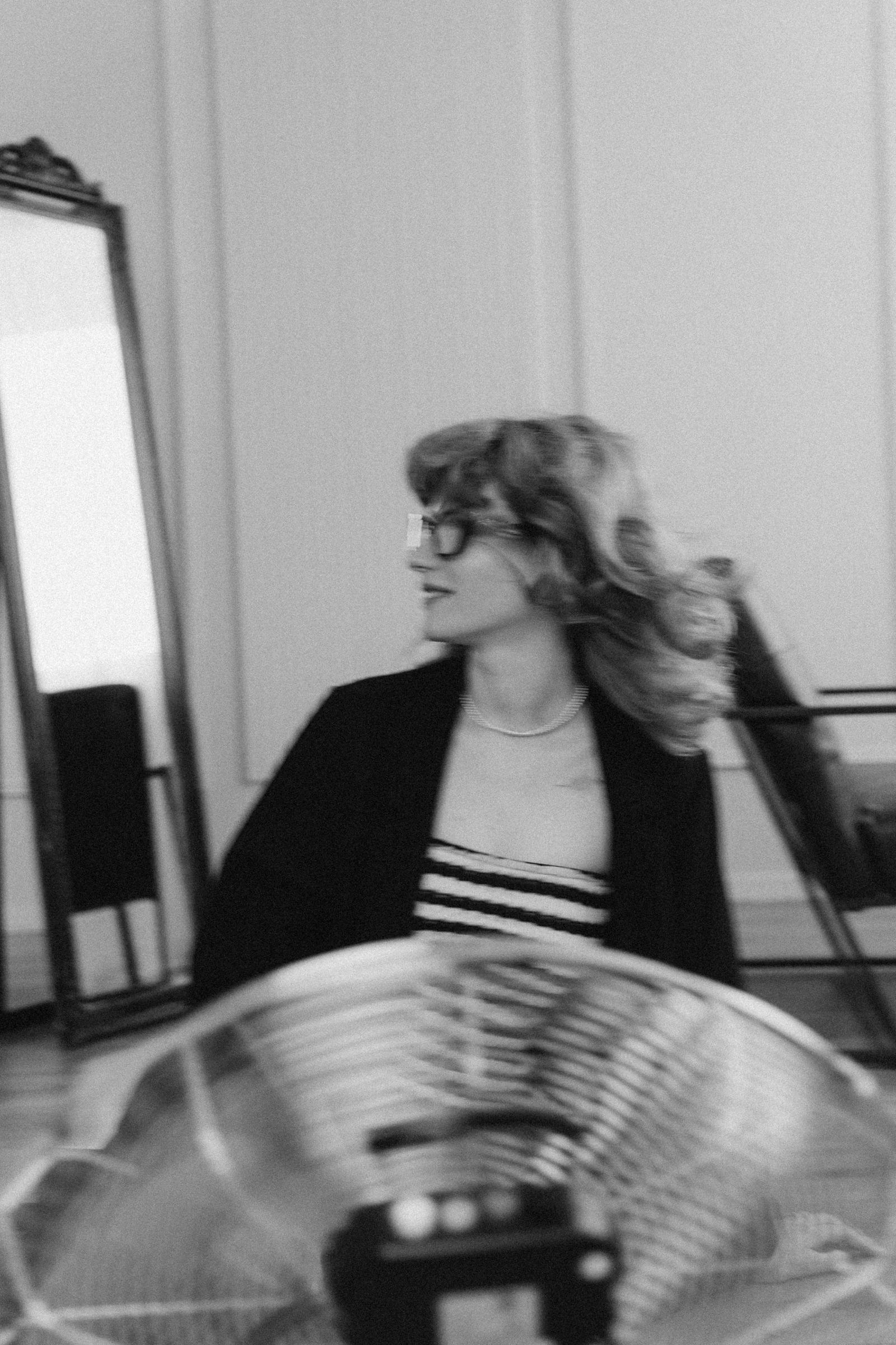 Black and white portrait of Julieta Calotă in motion